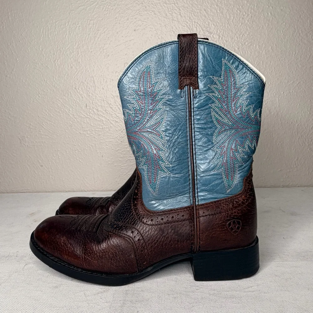 Ariat western brown boot with blue embroidered shaft